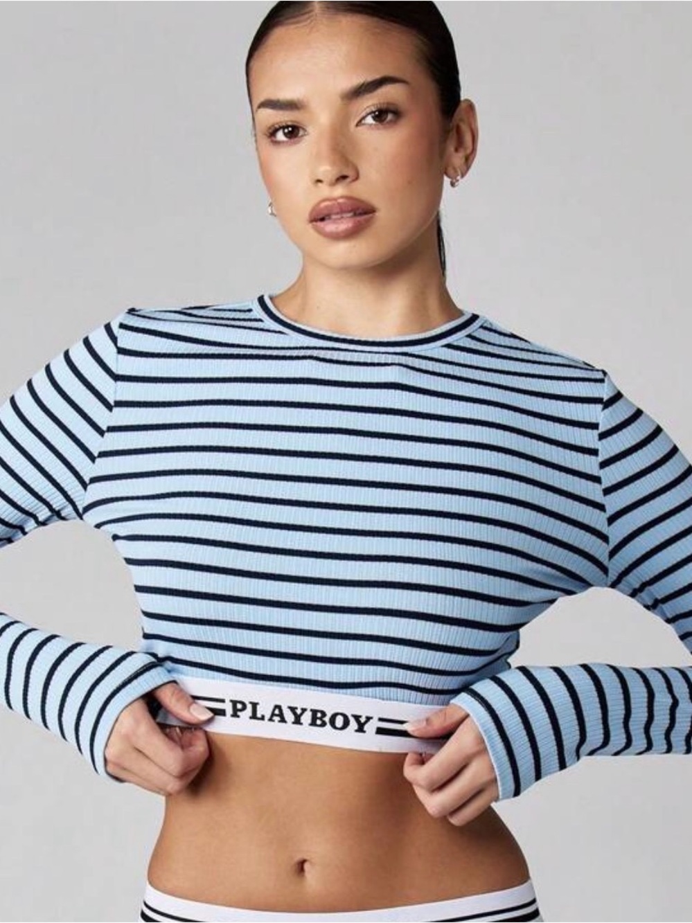 PLAYBOY Light Blue & Black Striped Ribbed Crop Top